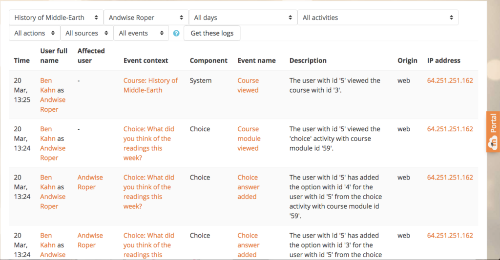 screenshot of moodle showing course logs